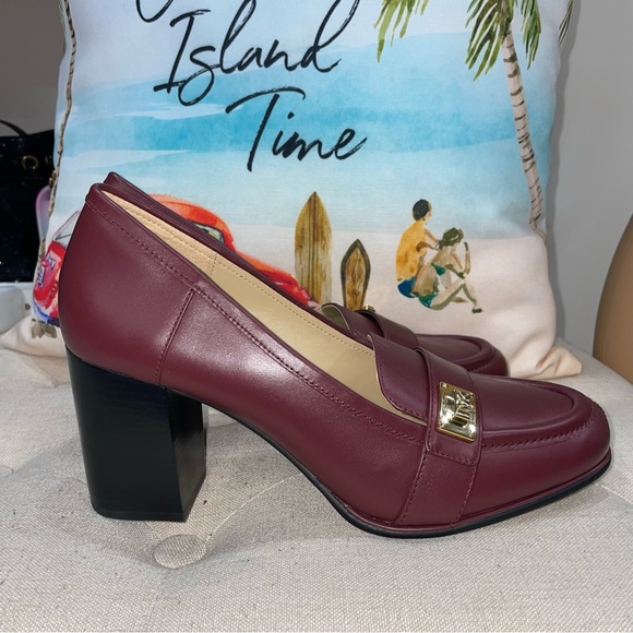 Michael Kors NWOB! Leather Merlot Burgundy  Padma Mid Loafer Pumps Block Heel - Picture 8 of 14